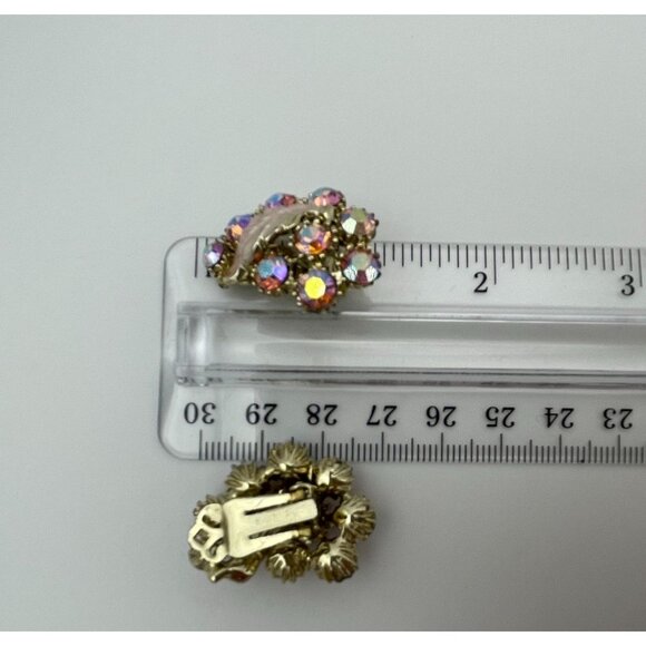 Aurora Borealis Flower Gold Tone Leaf Clip Earrings Necklace Set - Picture 7 of 16